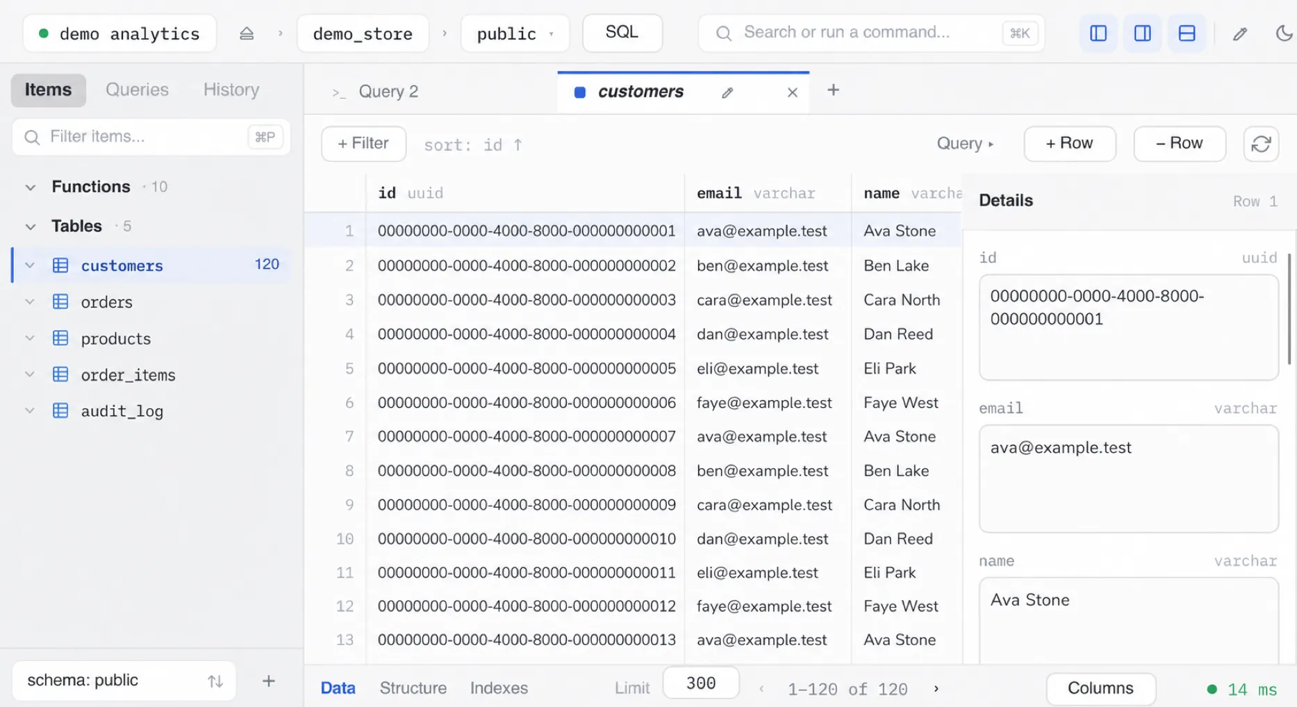 RDB workspace showing schema navigation, a data grid, and row inspector